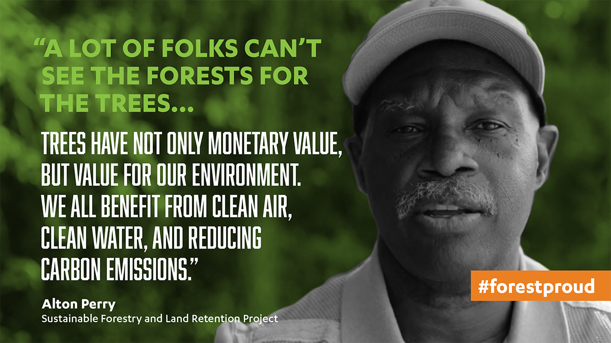 "A lot of folks can't see the forest for the trees. Trees have not only monetary value, but value for our environment that we all benefit from clean air, clean water, and reducing carbon emissions." Alton Perry