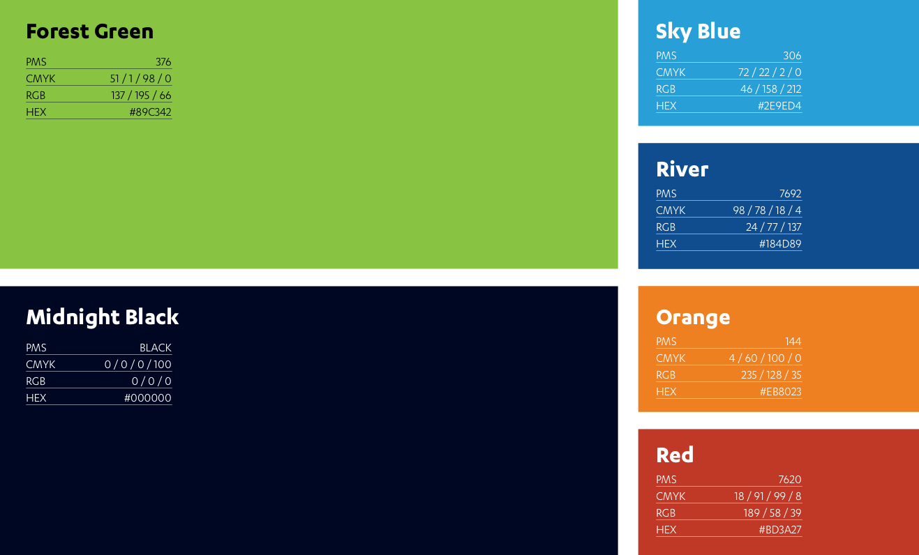 Color palette with hex and pantone values.